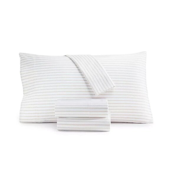 Charter Club 550 Thread Count Queen Sheet Set Tan White Stripe Cotton MSRP $170 - Picture 1 of 3